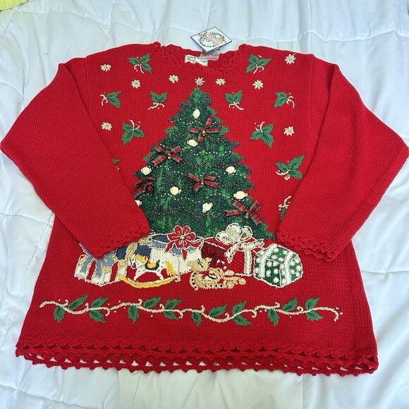 Womens 18/20 Christmas Holiday Beaded Sweater Vintage 90s Bell Embroidered - Picture 1 of 8